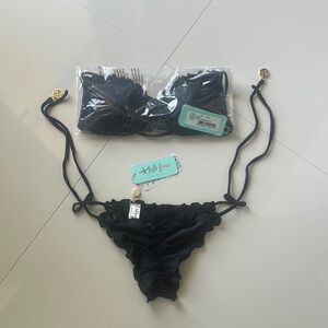 Luli Fama Black Bikini Set - Cosita Buena Bandeau Top + Runched Back Tie Bottoms